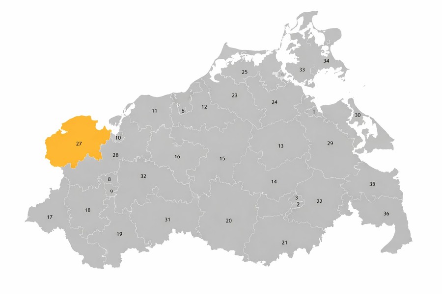 Wahlkreiskarte Mecklenburg-Vorpommern – Wahlkreis 27 Nordwestmecklenburg I ist orange hervorgehoben